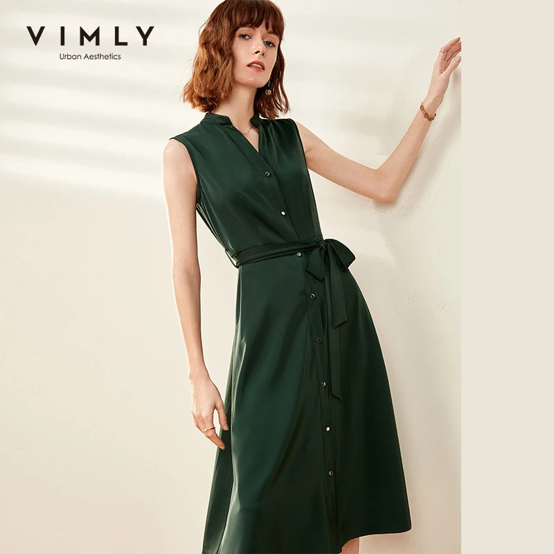 Женское однобортное платье рубашка Vimly однотонное повседневное свободное без рукавов с отложным воротником
