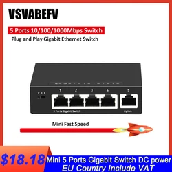 VSVABEFV – Mini commutateur d'alimentation Gigabit cc, 5 Ports, 10/100/1000Mbps, commutateur Ethernet rapide complet ou semi duplex RJ45, prise en charge VLAN 