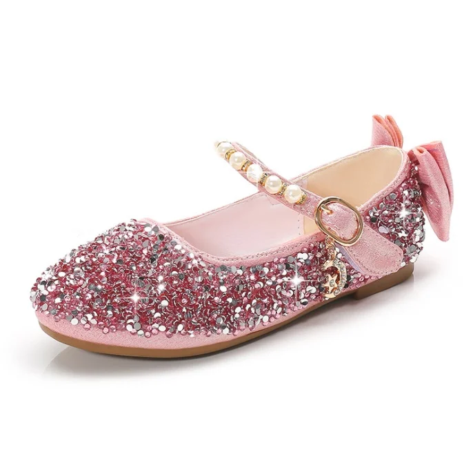 Children's Shoes For Girl Spring New Princess Lace Leather Shoes Fashion Cute Bow Rhinestone Wedding Shoes Student Party Dance gold silver girls shoes summer bowknot rhinestone sandal princess shoes for wedding party girls dance performance shoes 2 12t