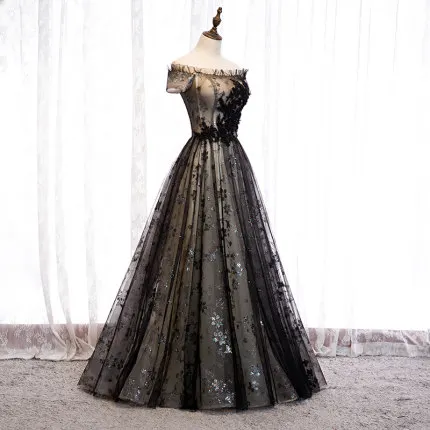 

black sequined flower embroidery long dress medieval Renaissance Victoria dress ball gown