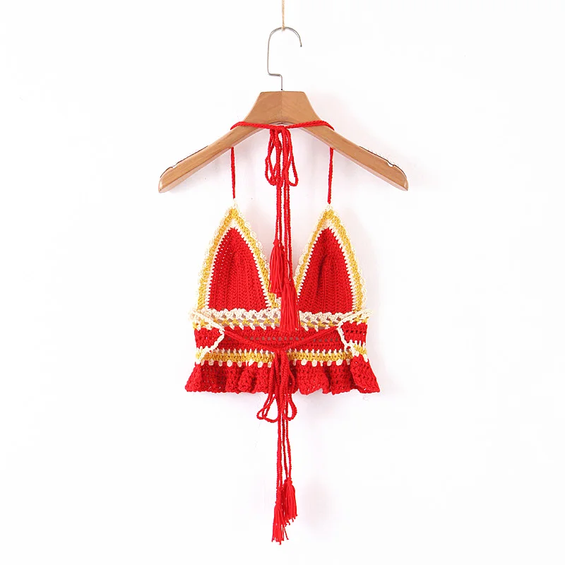 Everkaki Boho Трикотажная майка короткий топ женский с кисточками пляжный кружевной вязаный жилет сексуальный топ без спины Camis женский лето осень