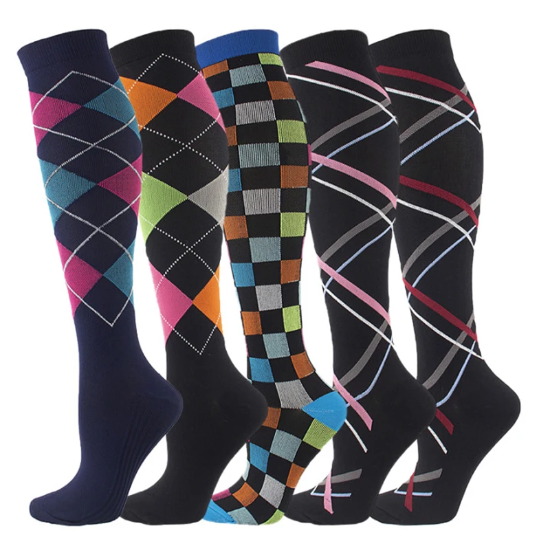

New Woman Men Compression Stockings Geometric Square Shaped Elastic Compression Under the Knee Socks Outdoor Sports Sock