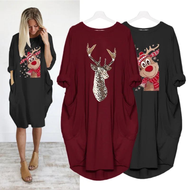 

Natal Clothes Spring Autumn Plus Size Dress with Cut Elk Print Korean Loose Long Sleeve Harajuku Dresses Kobieta Sukienka