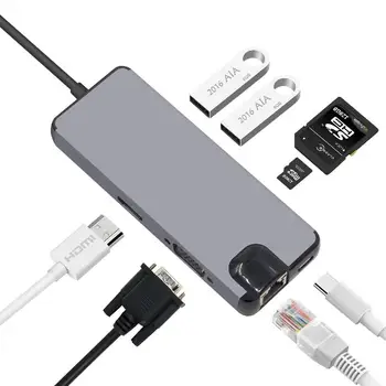 

8 Port USB C Hub HDMI VGA Ethernet Lan RJ45 Adapter for Mac Book Pro Type C Hub Card Reader 2 USB 3.0