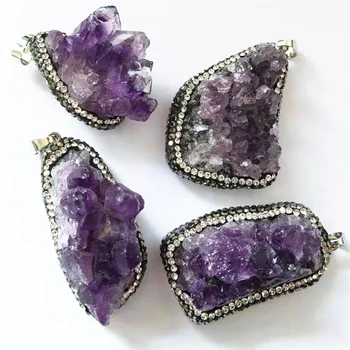

Fashion Purple Quartz natural stone Pendants Rhinestone Clay Pave & Brass plated natural Randomly Shaped Amethysts Pendant 4PCS