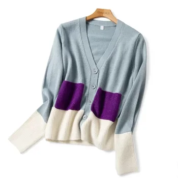 

Women Sweater New Pocket V-neck Colorblock Cardigan Knit Cardigan Dark Grey / Red / Orange