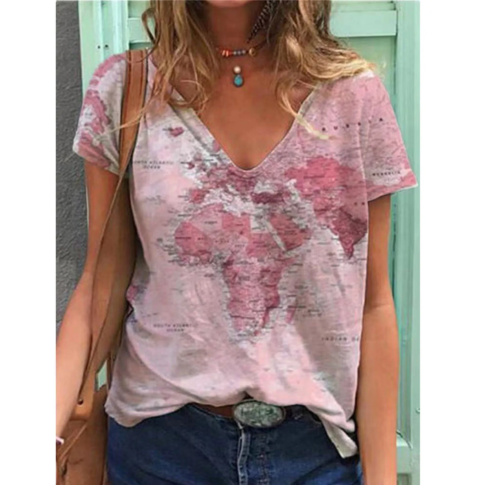 Graphic T-Shirt For Women Digital Map Printing V-Neck Stripe Loose Short Sleeve T-Shirt Tops Harajuku T Shirt camisetas de mujer 1
