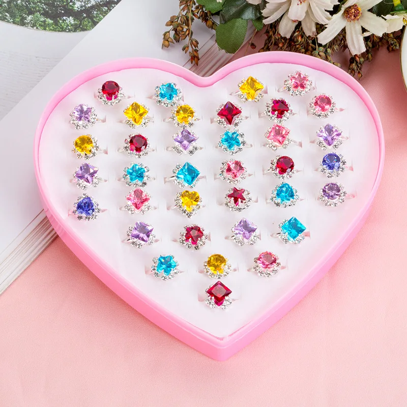 12 unids/set de piedras preciosas anillos de diamantes para niños juguetes para niñas los niños Juego de juguetes de joyería de aleación de cristal ajustable anillos