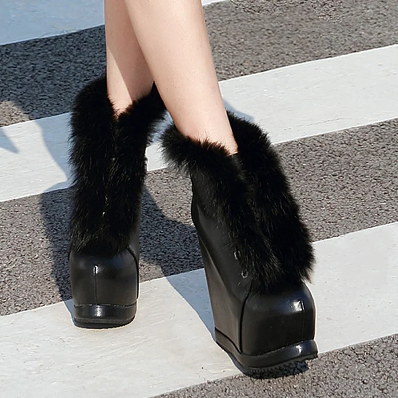 

HOT Women Boots 2019 Winter Faux Fur Fashion Wedges Heels Shoes Woman Boots Platform Warm Snow Luxury Ladies Ankle Boot Black