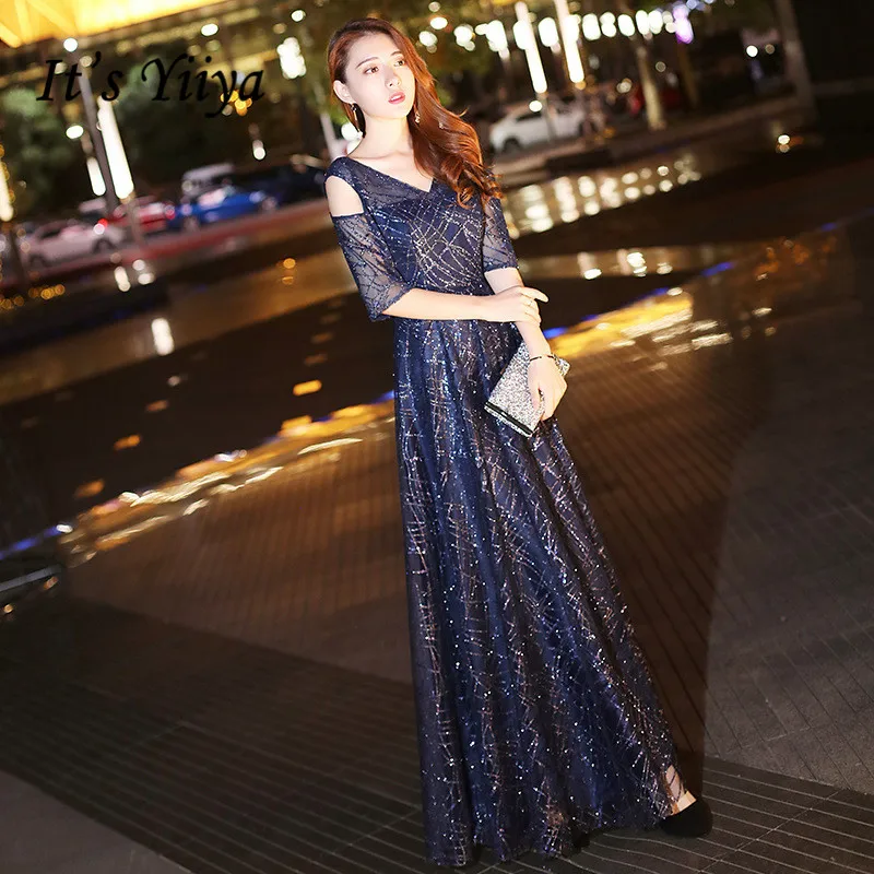 

It's Yiiya Sequined Evening Dresses Navy Blue Shiny Formal Gowns For Women Robe De Soiree Elegant V-neck Party Dress K196