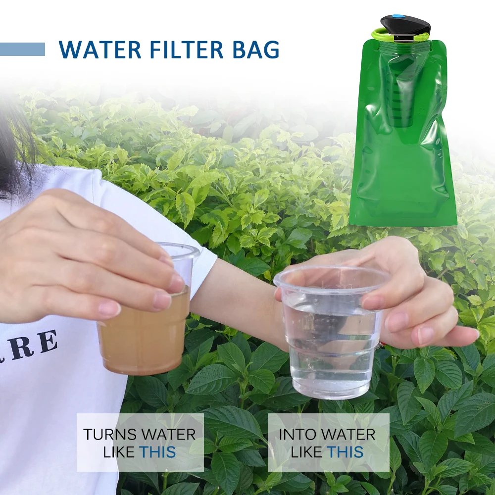 

750ml BPA Foldable Water Filter Bag Bladder Water Filtration Bottle with Carabiner Outdoor Emergency Survival Camping Hiking