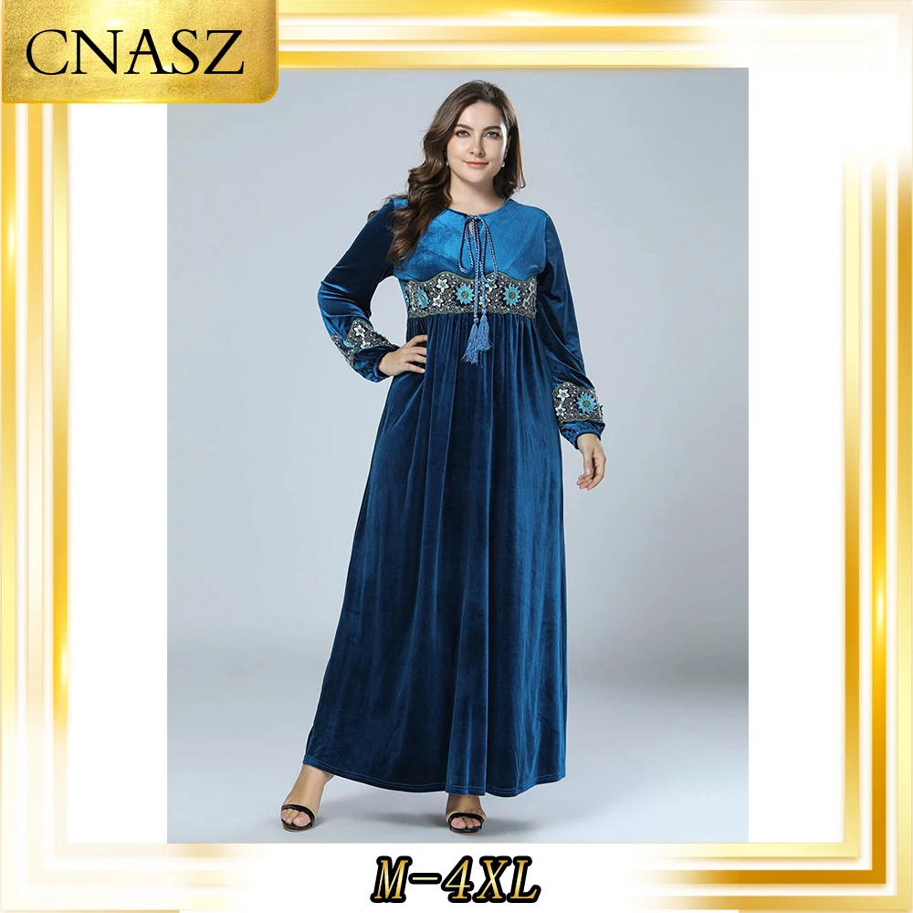 

Vetement Femme 2019 Moroccan Kaftan Embroidered Velvet Long Dress Large Size Musulmane Femme Solid Color Dress