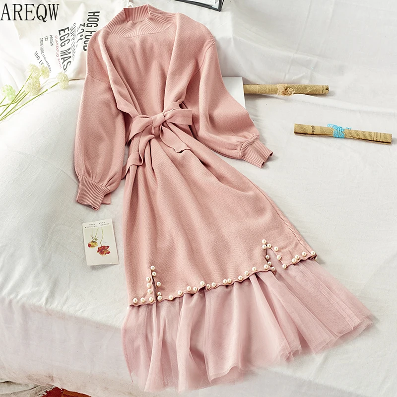 

Spike-in-fork Knit Dress + Mesh Half-skirt Two-piece Set 2 Piece Sets Womens Outfits Women Sweatsuits Sets