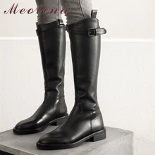 Meotina/зимние сапоги для верховой езды женские сапоги до колена из натуральной кожи на толстом каблуке обувь с круглым носком на молнии с пряжкой Женская Осенняя обувь, размеры 34-39