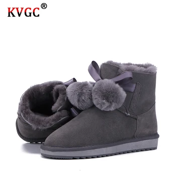

KVGC New product cowhide Leather Wool Fur Lined Women Winter lovely Pom-pom Style Snow Boots lively high quality for Girls Boots