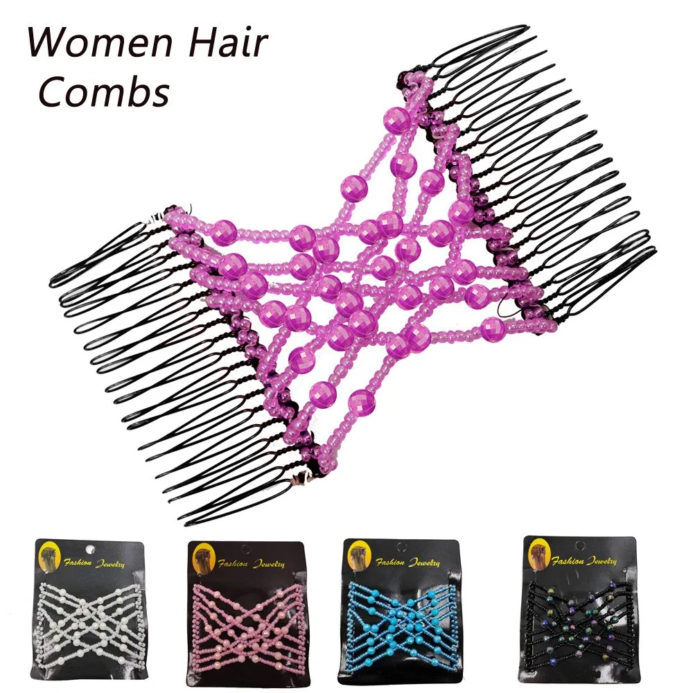 

Bead Stretchy Women Hair Combs Double Magic Slide Metal Comb Clip Hairpins