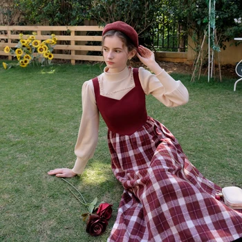 

French High Waist Base Strap Dress for Women Plaid Striped Slim Waist Ultra Long Dress New Spring Sleeveless Dress Female 2020