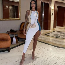 

Macheda Summer Fashion Slim Dress Women Knitting O Neck Sleeveless Patchwork Lady Sexy High Split Strret Party Long Dresses