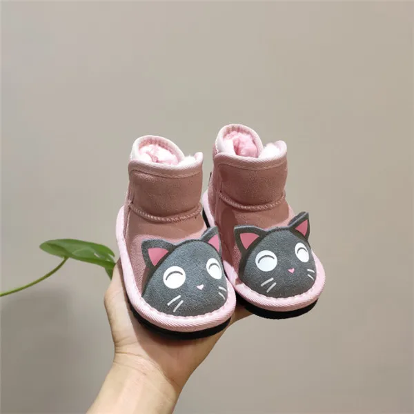 pink Г. Новые зимние детские ботинки из натуральной кожи милые ботинки для девочек с рисунком кота детские теплые ботинки плюшевые ботинки для малышей 21-30 - Цвет: pink