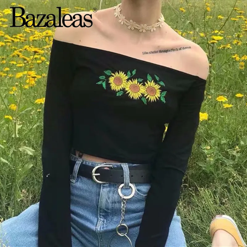 Винтажная женская футболка Bazaleas с длинным рукавом и вышивкой подсолнуха женские
