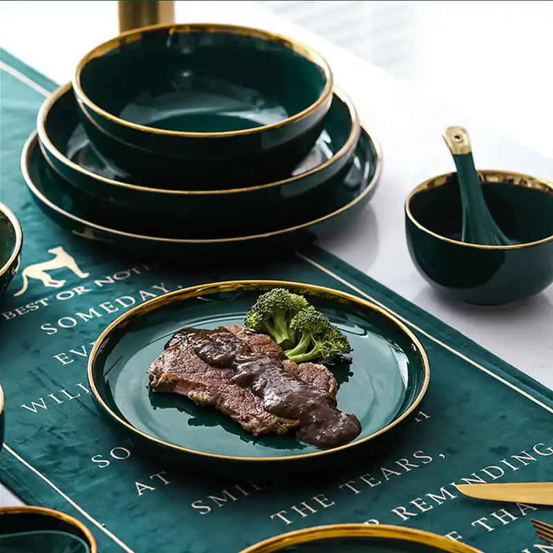 Green Ceramic Dinner Set Gold Inlay Plate Steak Plates Nordic Style Bowl Bowls 
