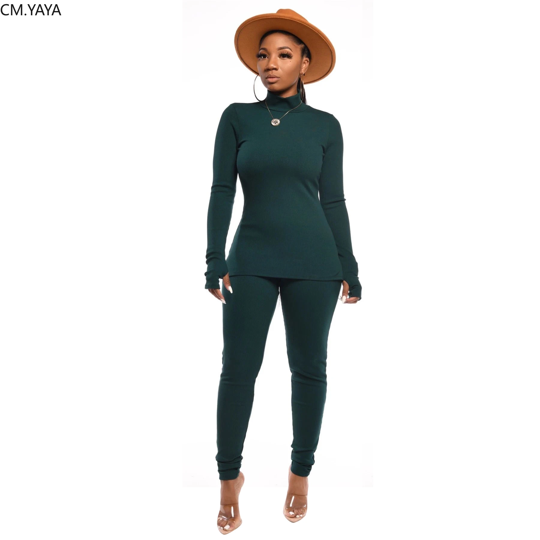 GL зимний женский комплект, спортивный костюм, водолазка, однотонный топ с длинным рукавом, леггинсы, штаны, комплект из двух предметов, повседневная спортивная одежда, CMCM632 - Цвет: Зеленый