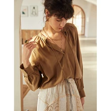 

Blouse Women Elegant Style 100% Silk High Quality Tie O Neck Raglan Long Sleeves Solid Ladies Straight Loose Shirt New Fashion