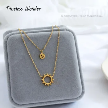 

Timeless Wonder Titanium Layered Smile Sun Choker Necklace Women Stainless Steel Jewelry Punk Designer Not Fade Cute Kpop 2628