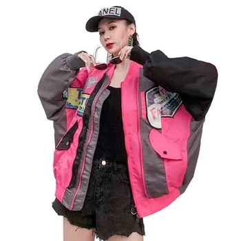 

QING MO Spring Women Loose Jacket 2020 Women Patchwork Color Jacket Female Batwing Sleeve Jacket Coat ZQY3026