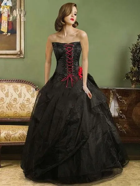 

Popular Strapless Ruffle Lace Up Ball Gown Black Wedding Dresses Bridal Gowns vestido de novia robe de mariage Free Shipping QM