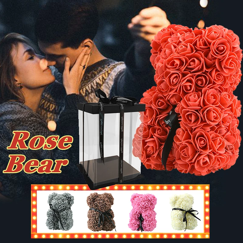 

DIY Small Teddy Rose Bear with Box LED Light Artificial PE Flower Bear Rose Christmas Home Decor Valentine's Day for Girlfriend