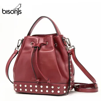 

BISONJS Leather Women Bag luxury handbags women bags designer Bucket Shoulder Bag Crossbody Bag bolsa feminina B1359