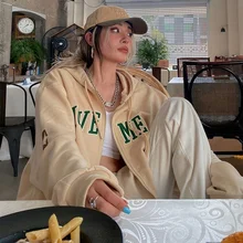 

Women's Letter Embroidery Zip Up Cardigan Oversized Long Sleeve Hoodie 2021 Autumn Fashion Sweatshirt Gothic Vintage Streetwear
