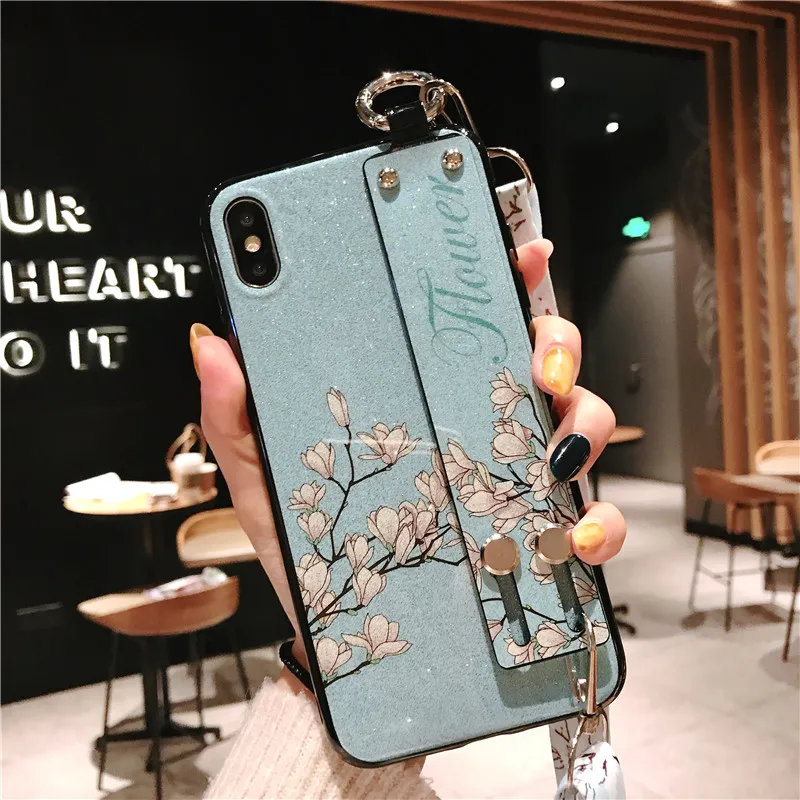 Glitter Flowers Case For Samsung Galaxy S8 S9 S10 5G S20 Plus S21 FE S22 Note 8 9 10 20 Ultra Shoulder Strap Lanyard Phone Cover