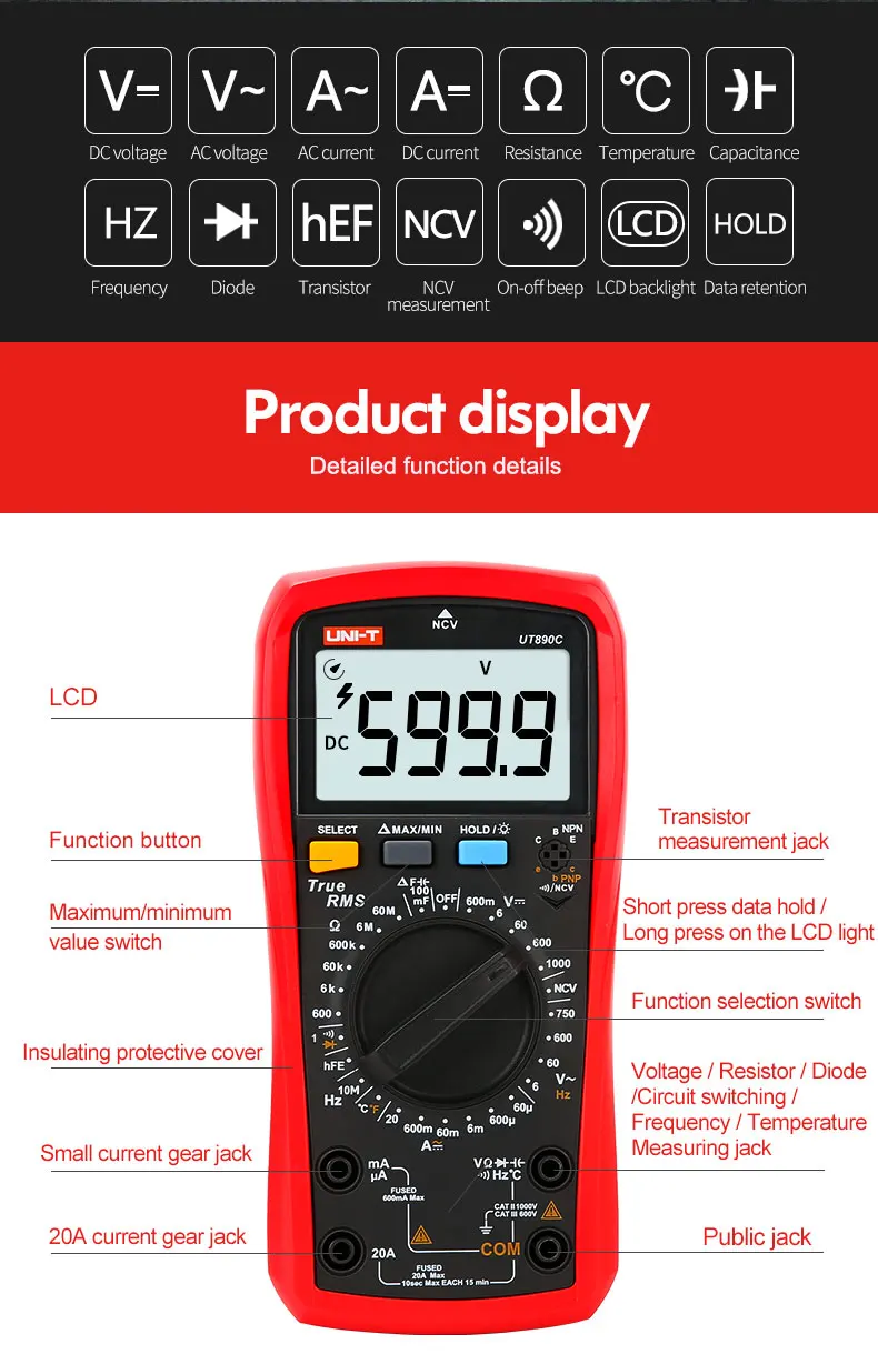 uni multímetro digital true rms faixa manual ac dc freqüência capacitância temperatura tester backlight