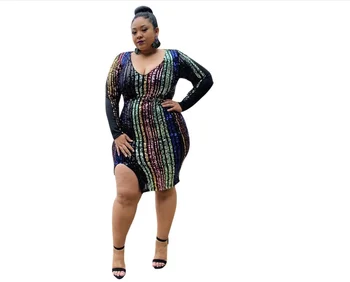 

2020 Woman Clothing Lady Bodycon Long Sleeve Sexy Elegant Fat Girl Summer Midi Plus Size Sequin Dress