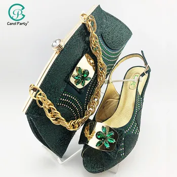 

New Arrivals green Color Italian Matching Shoes and Bag Set with Shinning Crystal Comfortable Heels for Garden Party