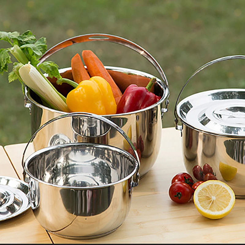 

Outdoor Stainless Steel Three-piece Pot Thickened Three-layer Pot Bottom Picnic Hiking BBQ Pot Camping Portable Hanging