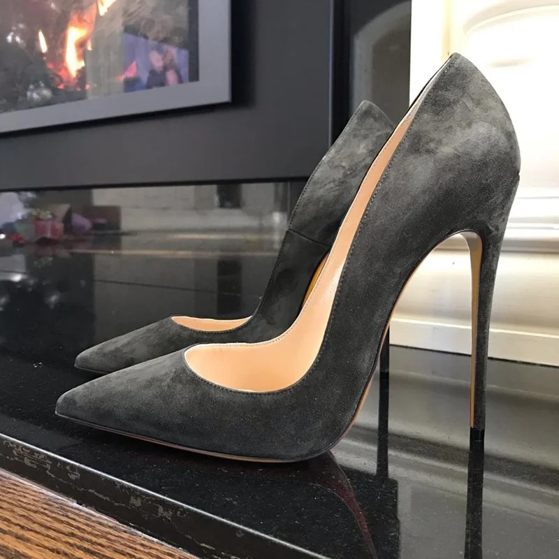 

Sexy Gray Suede Stiletto Heel Pumps 12 10 8CM Pointed Toe Shallow Dress Shoes Slip-on Celebrating Party Shoes Size 45