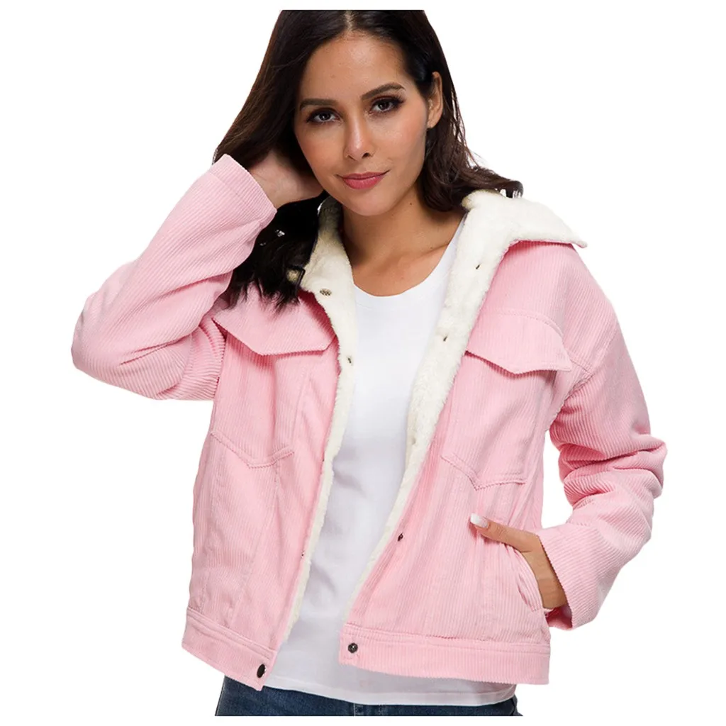 Women Winter Jacket Thick Fur Lined Coats Parkas Fashion Faux Fur Lining Corduroy Bomber Jackets Cute Outwear New#3 - Color: Pink