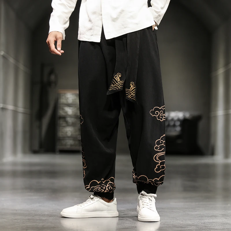 Wide Leg Pants Wide Leg Sweatpants Men's Oversize Wied Leg Pants Harajuku Cotton Linen Casual Trousers Male Embroidery Jogging Sweatpants Streetwear