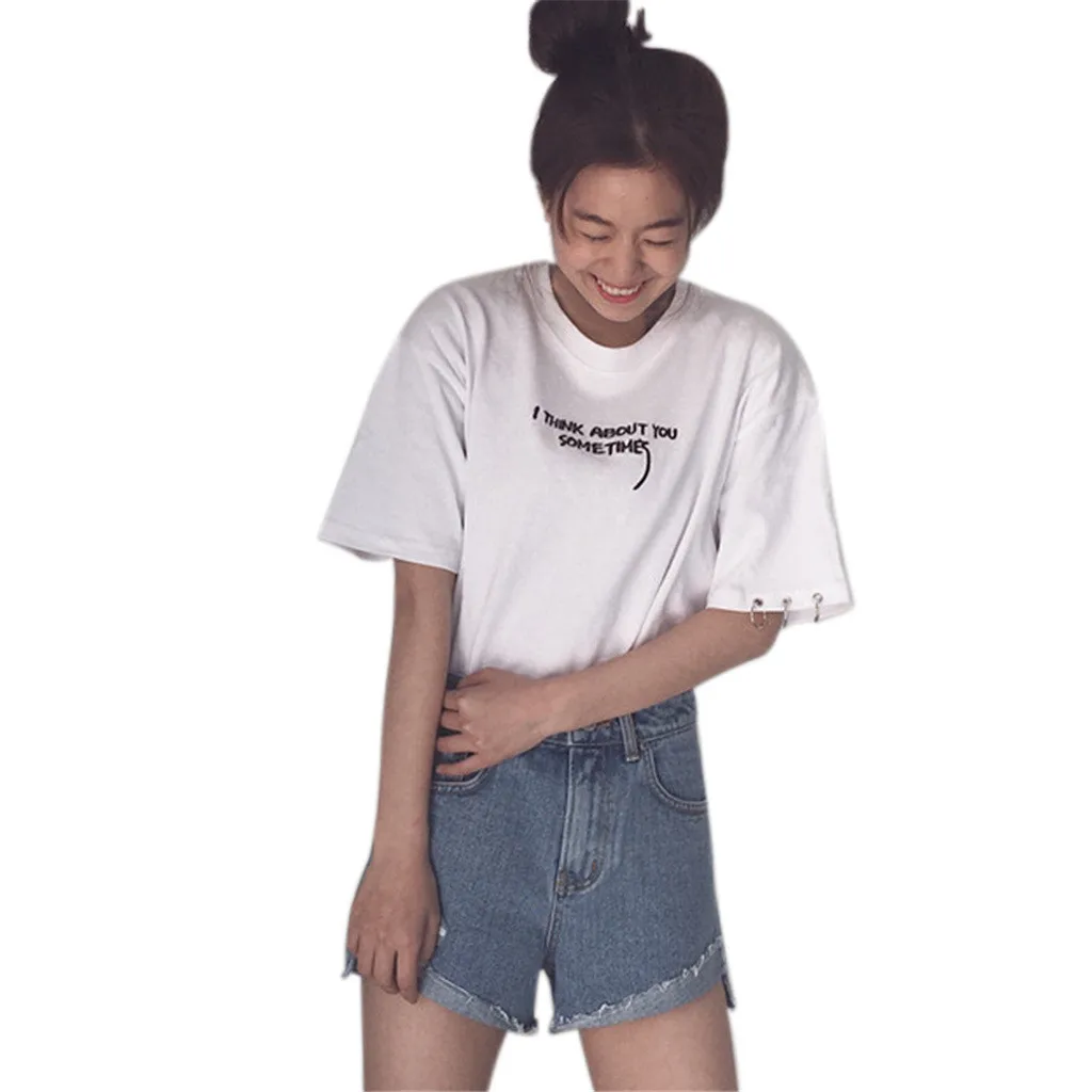 Летние топы, корейский Ulzzang Harajuku, вышивка, короткий рукав, женские повседневные рубашки, футболка,, новинка#0911 - Цвет: Белый