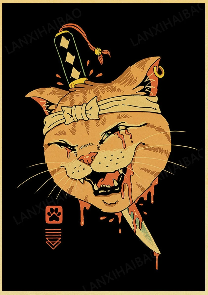 Home Decor Posters Retro Posters Bar decoration Japanese style Samurai cat Hand-Pulled Noodle octopus Waves Abstract Home Decor