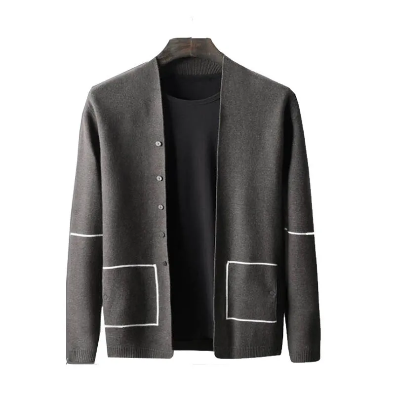 Мужской свитер, однотонный кардиган в тонкую полоску с длинным рукавом, свитер, осенняя мода, теплая куртка, осень и зима Y - Цвет: Серый