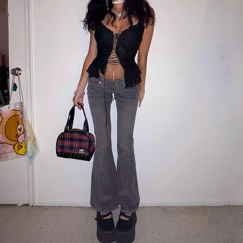 Rapcopter y2k Grey Flare Jeans Lace Up Cute Retro Trousers Low Waisted Patchwork Cargo Pants Aesthetic Korean Chic Women Jeans bootcut jeans