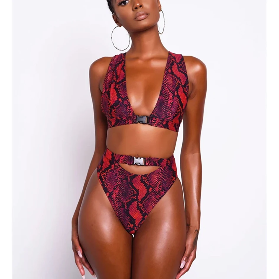 

Bikini Red Snake Print Push Up Swimsuit Female Bathing String Thong Brazilian Bikini 2020 High Cut Swimwear Women Sexy Biquini