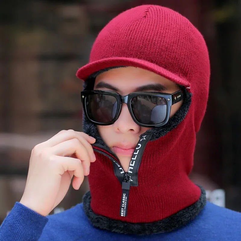 Новая теплая зимняя шапка сиамская шапочка шапка высокого качества зимние шапки для мужчин Уличная Шерсть Теплый шарф шапка набор Модная трикотажная шляпа - Цвет: red wine