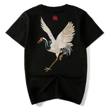 

New Chinese fashion brand retro national style cotton embroidery fairy crane men's short-sleeved T-shirt men's loose