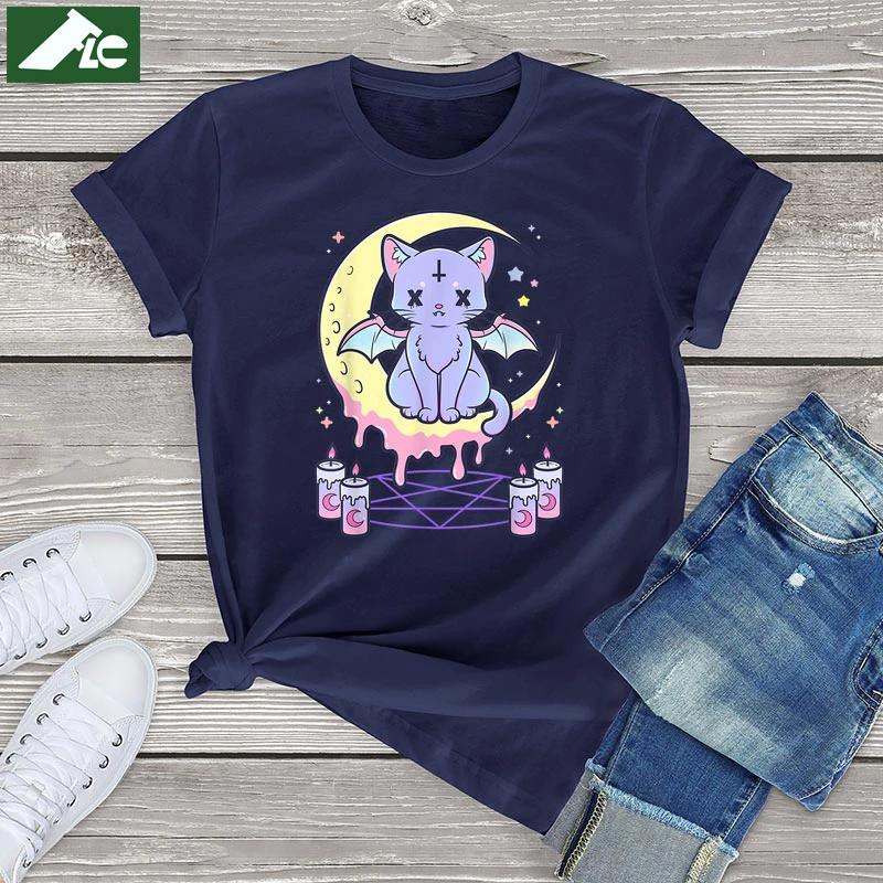 

Kawaii Pastel Goth T Shirt Women clothing 100 Cotton Cute Creepy Black Cat Harajuku Womens Shirt Pittie Unisex Fashion Tee Top