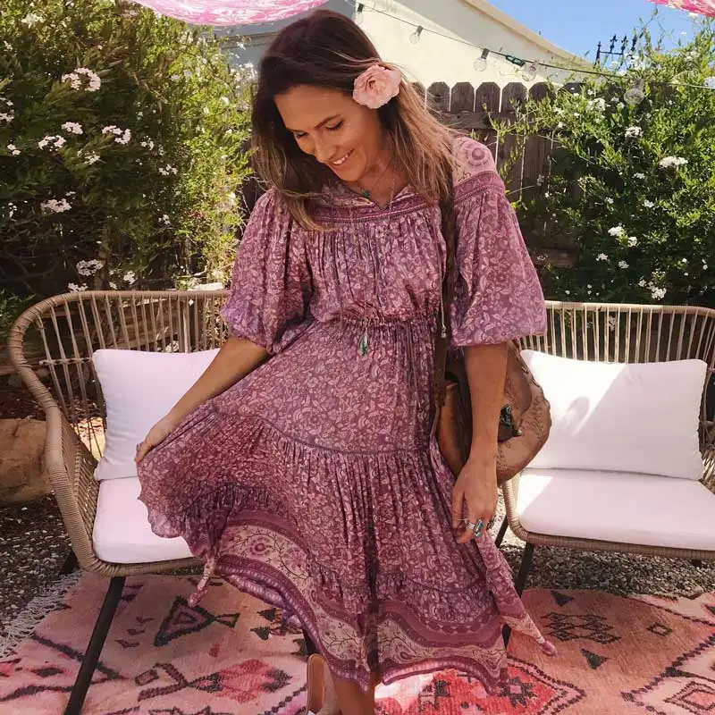 Женское кружевное платье с длинным рукавом BOHO фиолетовое ажурное v образным